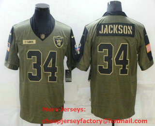 Men's Las Vegas Raiders #34 Bo Jackson 2021 Olive Salute To Service Limited Stitched Jersey