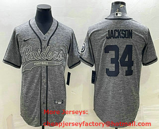 Men's Las Vegas Raiders #34 Bo Jackson Grey Gridiron With Patch Cool Base Stitched Baseball Jersey