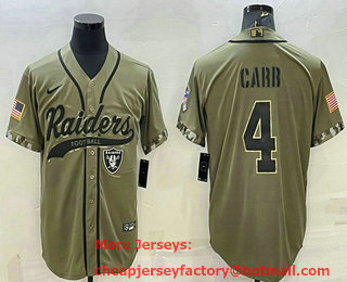 Men's Las Vegas Raiders #4 Derek Carr 2022 Olive Salute to Service Cool Base Stitched Baseball Jersey