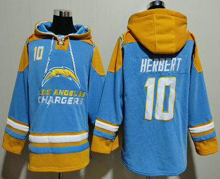 Men's Los Angeles Chargers #10 Justin Herbert Light Blue Ageless Must Have Lace Up Pullover Hoodie