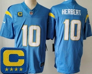 Men's Los Angeles Chargers #10 Justin Herbert Limited Light Blue Captain Patch FUSE Vapor Jersey