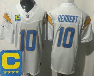 Men's Los Angeles Chargers #10 Justin Herbert Limited White Captain Patch FUSE Vapor Jersey