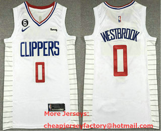 Men's Los Angeles Clippers #0 Russell Westbrook White 6 Patch Sponsor Icon Swingman Jersey