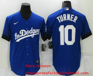 Men's Los Angeles Dodgers #10 Justin Turner Blue 2021 City Connect Cool Base Stitched Jersey