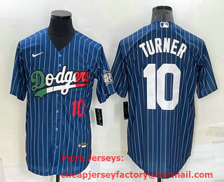 Men's Los Angeles Dodgers #10 Justin Turner Number Navy Blue Pinstripe 2020 World Series Cool Base Nike Jersey 01