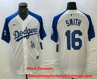 Men's Los Angeles Dodgers #16 Will Smith White Blue Fashion Stitched Cool Base Limited Jersey 12