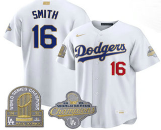 Men's Los Angeles Dodgers #16 Will Smith White Gold 9x Champs Collection Stadium Jersey