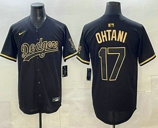Men's Los Angeles Dodgers #17 Shohei Ohtani  Black Gold Stitched Cool Base Jersey