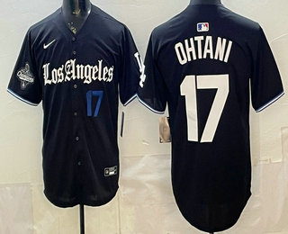 Men's Los Angeles Dodgers #17 Shohei Ohtani Black 2025 World Series Champions Limited Jersey