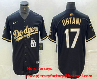 Men's Los Angeles Dodgers #17 Shohei Ohtani Black Gold Stitched Cool Base Nike Jersey 12