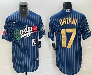 Men's Los Angeles Dodgers #17 Shohei Ohtani Mexico Blue Gold Pinstripe Cool Base Stitched Jersey 11