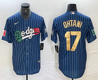 Men's Los Angeles Dodgers #17 Shohei Ohtani Mexico Blue Gold Pinstripe Cool Base Stitched Jersey 12