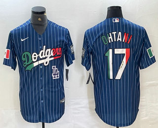 Men's Los Angeles Dodgers #17 Shohei Ohtani Mexico Blue Pinstripe Cool Base Stitched Jersey 12