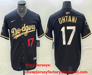 Men's Los Angeles Dodgers #17 Shohei Ohtani Number Black Gold Stitched Cool Base Nike Jersey 11