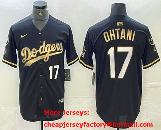 Men's Los Angeles Dodgers #17 Shohei Ohtani Number Black Gold Stitched Cool Base Nike Jersey 12