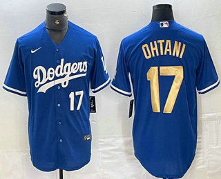 Men's Los Angeles Dodgers #17 Shohei Ohtani Number Blue Gold Stitched Cool Base Nike Jersey 03