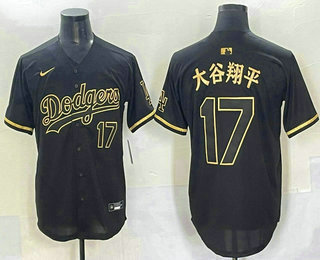 Men's Los Angeles Dodgers #17 Shohei Ohtani Number Japanese Black Gold Stitched Cool Base Jersey