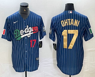 Men's Los Angeles Dodgers #17 Shohei Ohtani Number Mexico Blue Gold Pinstripe Cool Base Stitched Jersey 11
