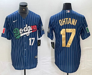 Men's Los Angeles Dodgers #17 Shohei Ohtani Number Mexico Blue Gold Pinstripe Cool Base Stitched Jersey 12