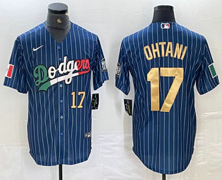 Men's Los Angeles Dodgers #17 Shohei Ohtani Number Mexico Blue Gold Pinstripe Cool Base Stitched Jersey 13