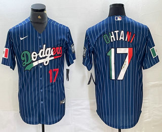 Men's Los Angeles Dodgers #17 Shohei Ohtani Number Mexico Blue Pinstripe Cool Base Stitched Jersey 13