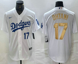 Men's Los Angeles Dodgers #17 Shohei Ohtani Number White Gold Stitched Cool Base Nike Jersey 01