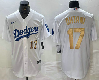 Men's Los Angeles Dodgers #17 Shohei Ohtani Number White Gold Stitched Cool Base Nike Jersey 02