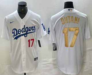Men's Los Angeles Dodgers #17 Shohei Ohtani Number White Gold Stitched Cool Base Nike Jersey 03