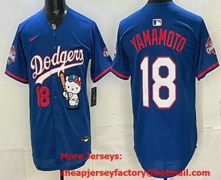 Men's Los Angeles Dodgers #18 Yoshinobu Yamamoto Blue Hello Kitty 2025 World Series Champions Limited Jersey