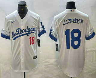 Men's Los Angeles Dodgers #18 Yoshinobu Yamamoto Number White Japanese City Connect Cool Base Stitched Jersey