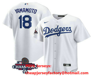 Men's Los Angeles Dodgers #18 Yoshinobu Yamamoto White 2024 World Series Champions Cool Base Stitched Jersey