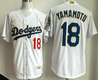 Men's Los Angeles Dodgers #18 Yoshinobu Yamamoto White 2026 Gold Collection Stadium Jersey