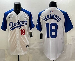 Men's Los Angeles Dodgers #18 Yoshinobu Yamamoto White Blue Limited Jersey