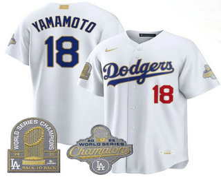 Men's Los Angeles Dodgers #18 Yoshinobu Yamamoto White Gold 9x Champs Collection Stadium Jersey
