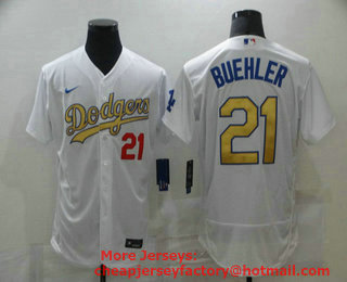 Men's Los Angeles Dodgers #21 Walker Buehler 2020 White Gold Sttiched Nike MLB Jersey