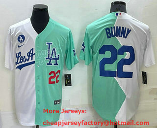 Men's Los Angeles Dodgers #22 Bad Bunny White Green 2022 All Star Cool Base Stitched Baseball Jersey 03