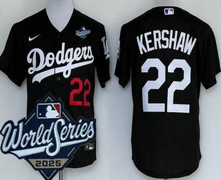 Men's Los Angeles Dodgers #22 Clayton Kershaw Black 2025 World Series Cool Base Jersey