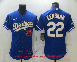 Men's Los Angeles Dodgers #22 Clayton Kershaw Blue Gold Champions Patch Stitched MLB Flex Base Nike Jersey