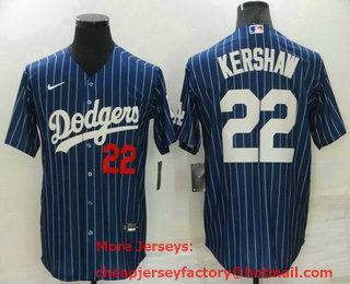 Men's Los Angeles Dodgers #22 Clayton Kershaw Number Red Navy Blue Pinstripe Stitched MLB Cool Base Nike Jersey