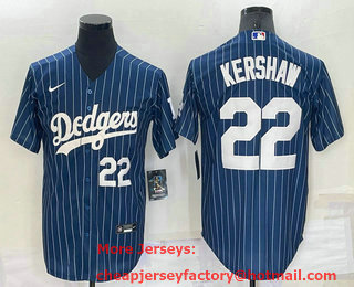 Men's Los Angeles Dodgers #22 Clayton Kershaw Number Navy Blue Pinstripe Stitched MLB Cool Base Nike Jersey
