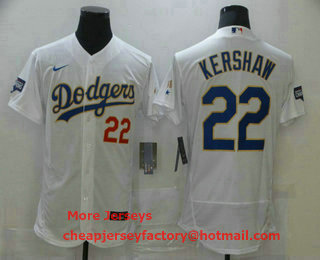 Men's Los Angeles Dodgers #22 Clayton Kershaw White Gold Champions Patch Stitched MLB Flex Base Nike Jersey