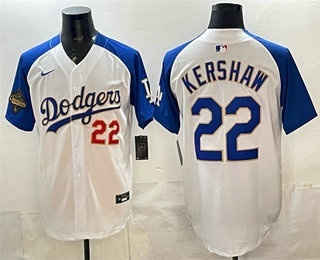 Men's Los Angeles Dodgers #22 Clayton Kershaw White Royal 2025 World Series Champions Patch Limited Stitched Jersey