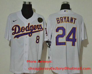 Men's Los Angeles Dodgers #24 Kobe Bryant White KB Patch Stitched MLB Cool Base Nike Jersey With front Number 8