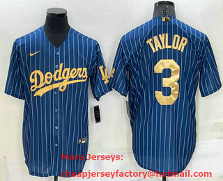 Men's Los Angeles Dodgers #3 Chris Taylor Navy Blue Gold Pinstripe Stitched MLB Cool Base Nike Jersey