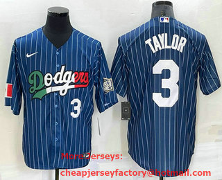 Men's Los Angeles Dodgers #3 Chris Taylor Number Navy Blue Pinstripe 2020 World Series Cool Base Nike Jersey 01