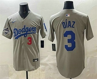 Men's Los Angeles Dodgers #3 Edwin Diaz Grey With 2025 World Series Champions Patch Limited Stitched Baseball Jersey