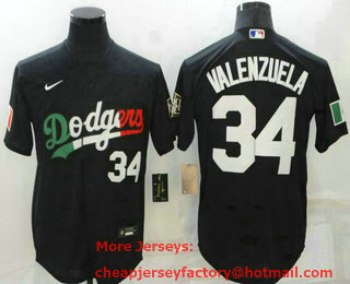 Men's Los Angeles Dodgers #34 Fernando Valenzuela Black Mexico 2020 World Series Flex Base Nike Jersey
