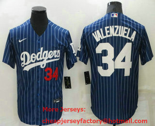 Men's Los Angeles Dodgers #34 Fernando Valenzuela Blue Pinstripe Stitched MLB Cool Base Nike Jersey