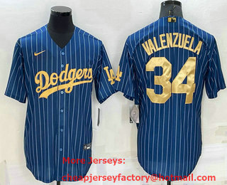 Men's Los Angeles Dodgers #34 Fernando Valenzuela Navy Blue Gold Pinstripe Stitched MLB Cool Base Nike Jersey
