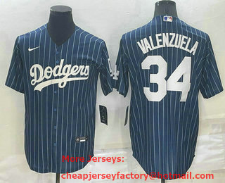 Men's Los Angeles Dodgers #34 Fernando Valenzuela Navy Blue Pinstripe Stitched MLB Cool Base Nike Jersey